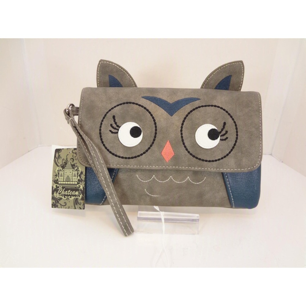 Chateau Owl Wristlet Bag Womens Small Grey NEW Faux Leather Embroidered Novelty